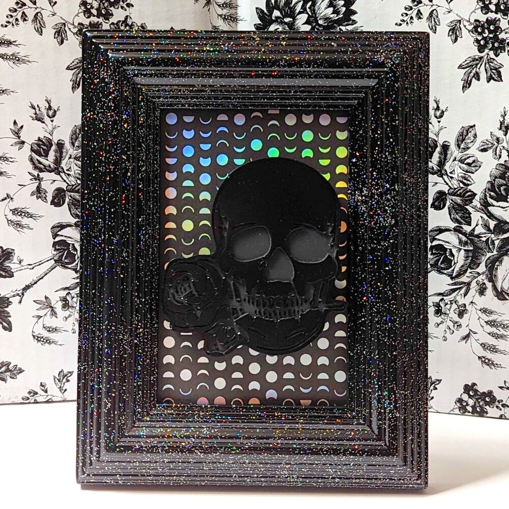 8.5" Glitter Framed Rose Skull on Moon Background *Gothic/Spooky Home Wall Decor
